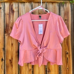 Pink Satin Tie-Front Cropped Blouse